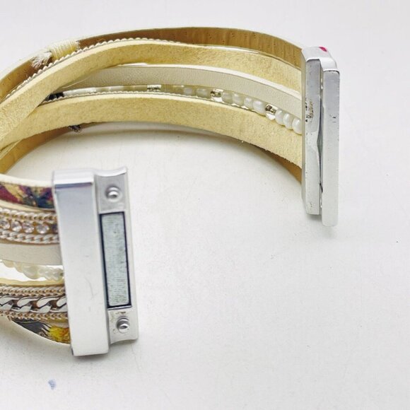 Multilayer Faux Leather Bracelet Silver Tone Magnetic Closure Turquoise Leaf - Picture 3 of 8